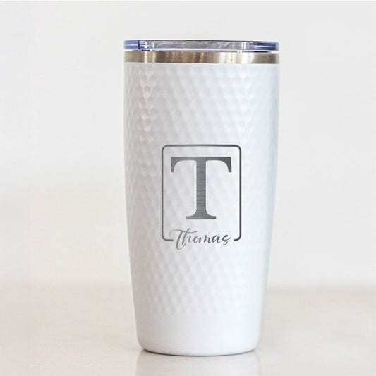 Personalized 20oz Golf Name Tumbler – Engraved Framed Initial and Script Name Stainless Steel White Cup with Dimples, Custom Gift for Him or Her