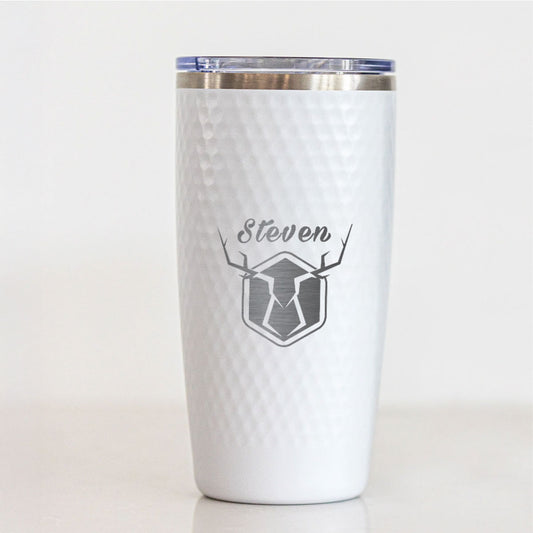 Personalized 20oz Golf Name Tumbler – Engraved Deer Antler Design and Custom Name White Stainless Steel Cup with Dimples, Gift for Him