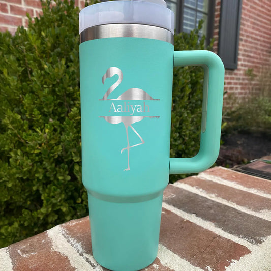Personalize 40oz Flamingo Monogram Engraved Name tumbler with Handle Straw