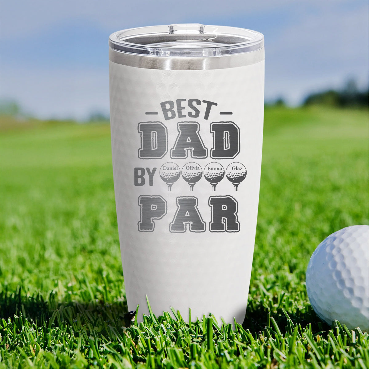 Best Dad by Par Custom Golf Tumbler with Kid Names – Personalized Father's Day Gift for Golfer Dad, Coach, or Grandpa – 20oz Laser Engraved Stainless Steel Cup
