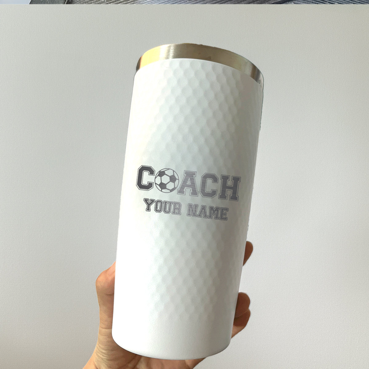 Custom Soccer Coach Tumbler – Personalized 20oz Stainless Steel Travel Cup with Engraved Name, Soccer Ball Icon, and Insulated Design