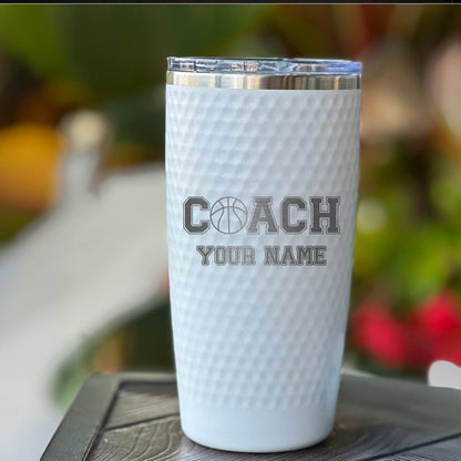 Custom Basketball Coach Tumbler – Personalized 20oz Insulated Stainless Steel Cup with Engraved Name and Basketball Icon
