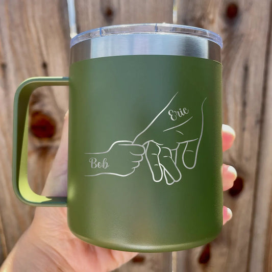 Personalized 12oz Name Tumbler - Dad and Kids Holding Hand Coffee Mug with Handle