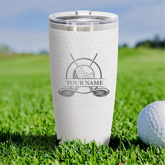 Custom Name Golf Tumbler with Crossed Clubs – Personalized 20oz Stainless Steel Insulated Cup, Gift for Golfers, Coach, Caddie, or Tournament