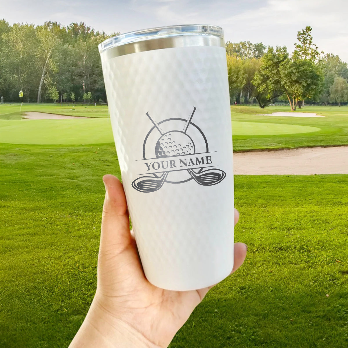 Custom Name Golf Tumbler with Crossed Clubs – Personalized 20oz Stainless Steel Insulated Cup, Gift for Golfers, Coach, Caddie, or Tournament