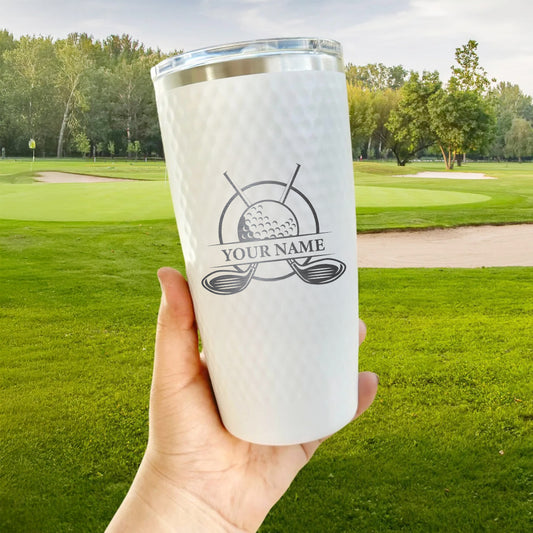 Custom Name Golf Tumbler with Crossed Clubs – Personalized 20oz Stainless Steel Insulated Cup, Gift for Golfers, Coach, Caddie, or Tournament