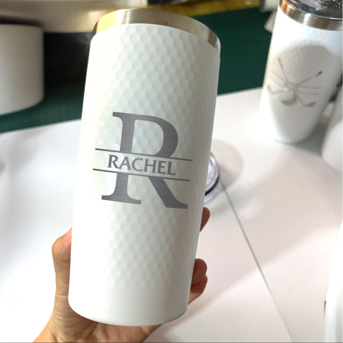 Personlaized 20oz Golf Name Tumbler , Engraved Initial and Name 20oz Stainless Steel White Golf Tumbler with Dimples