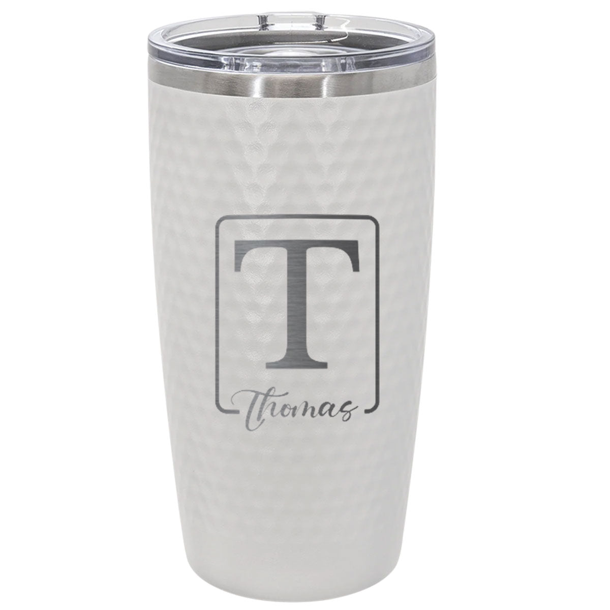 Personalized 20oz Golf Name Tumbler – Engraved Framed Initial and Script Name Stainless Steel White Cup with Dimples, Custom Gift for Him or Her