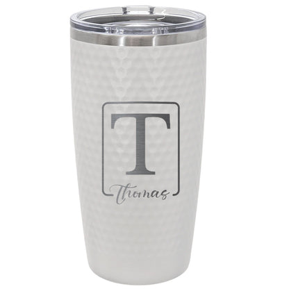 Personalized 20oz Golf Name Tumbler – Engraved Framed Initial and Script Name Stainless Steel White Cup with Dimples, Custom Gift for Him or Her