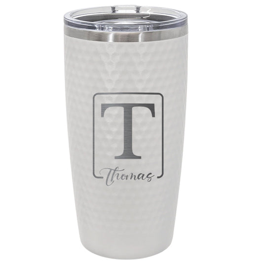 Personalized 20oz Golf Name Tumbler – Engraved Framed Initial and Script Name Stainless Steel White Cup with Dimples, Custom Gift for Him or Her
