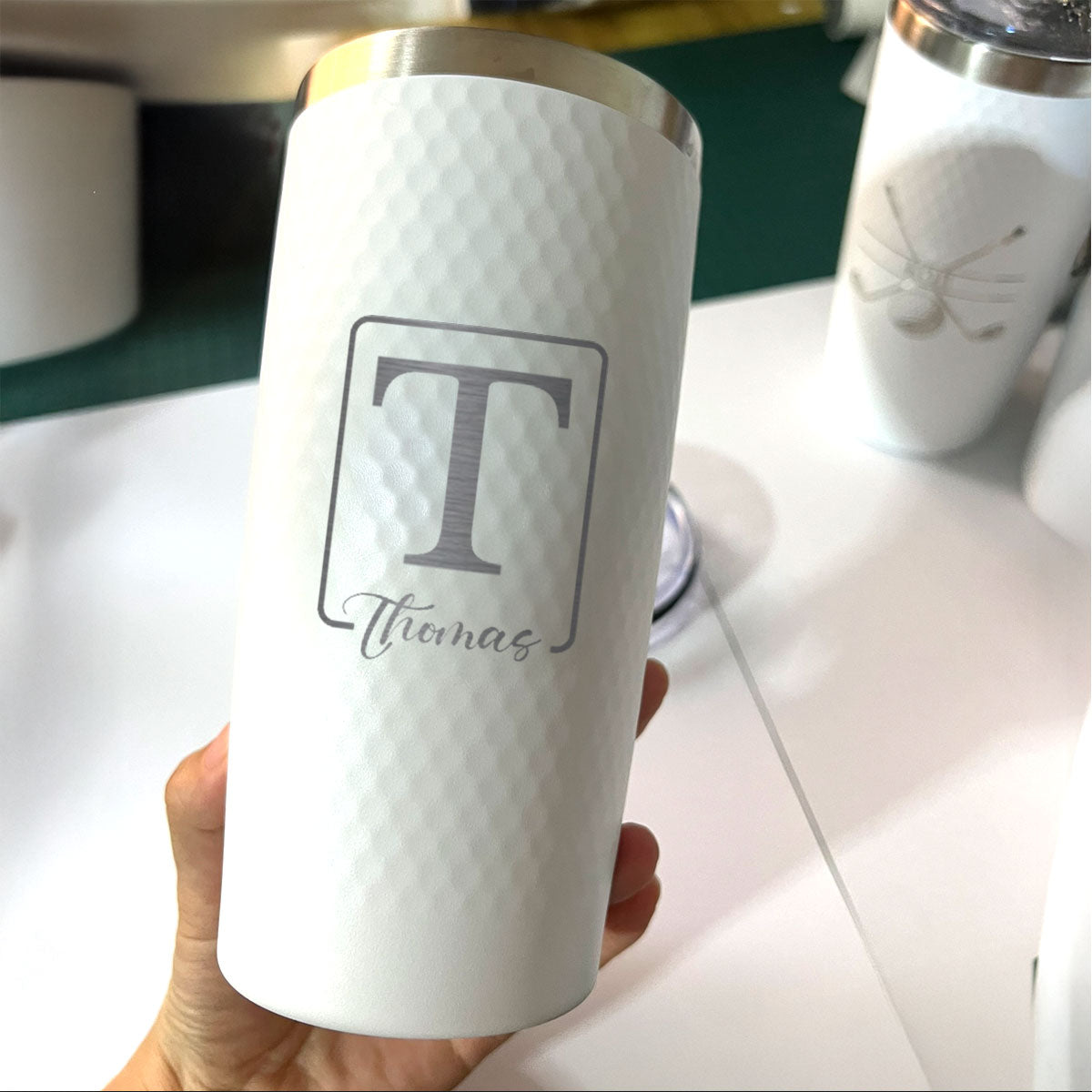 Personalized 20oz Golf Name Tumbler – Engraved Framed Initial and Script Name Stainless Steel White Cup with Dimples, Custom Gift for Him or Her