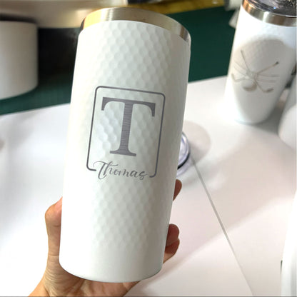 Personalized 20oz Golf Name Tumbler – Engraved Framed Initial and Script Name Stainless Steel White Cup with Dimples, Custom Gift for Him or Her