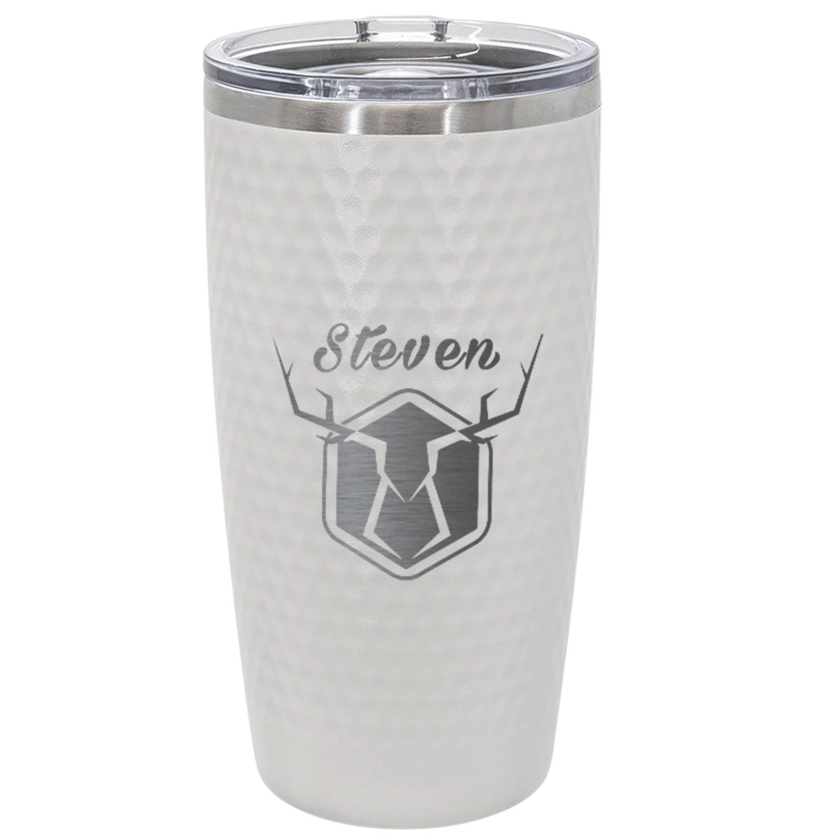 Personalized 20oz Golf Name Tumbler – Engraved Deer Antler Design and Custom Name White Stainless Steel Cup with Dimples, Gift for Him
