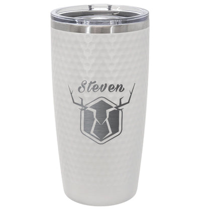 Personalized 20oz Golf Name Tumbler – Engraved Deer Antler Design and Custom Name White Stainless Steel Cup with Dimples, Gift for Him