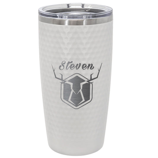 Personalized 20oz Golf Name Tumbler – Engraved Deer Antler Design and Custom Name White Stainless Steel Cup with Dimples, Gift for Him