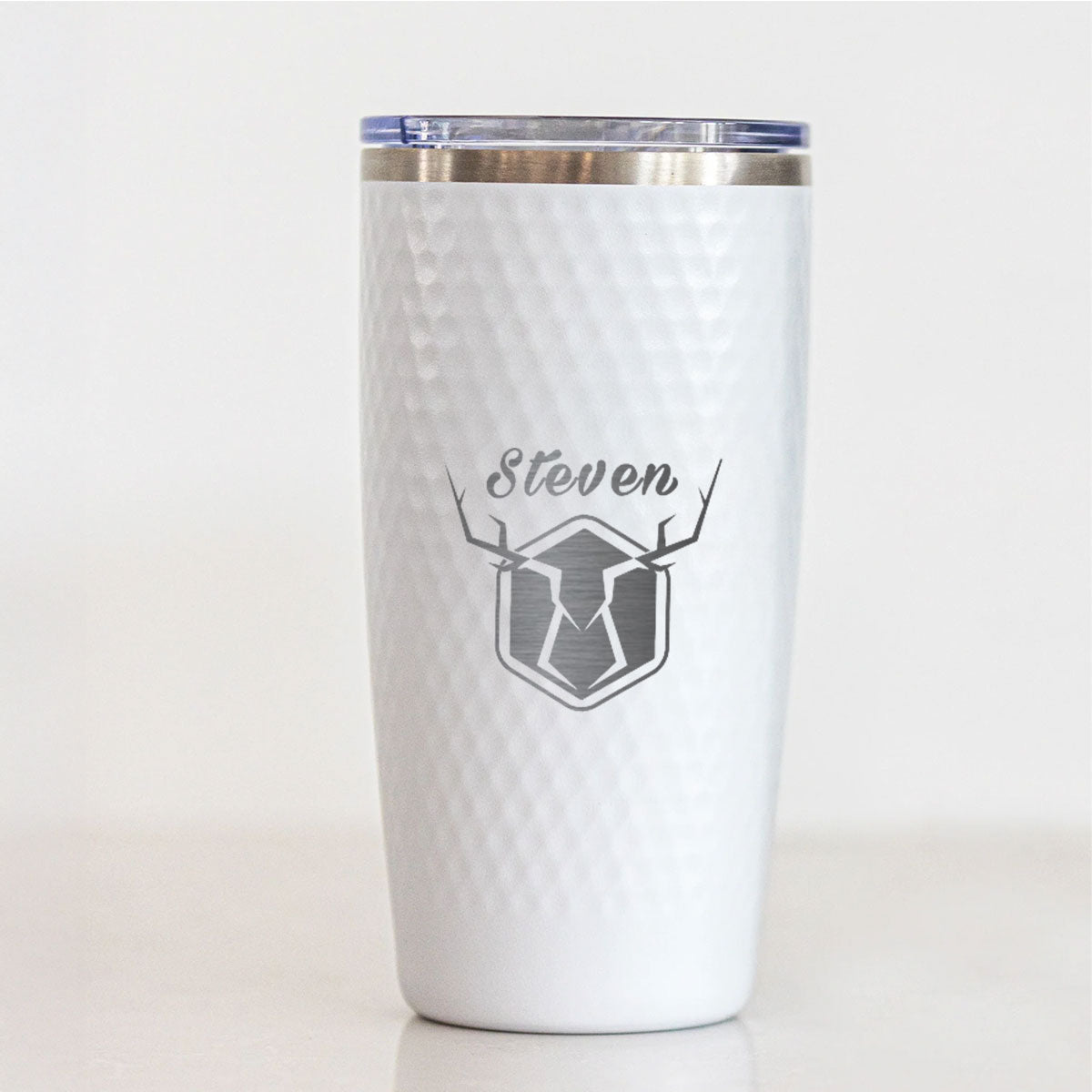 Personalized 20oz Golf Name Tumbler – Engraved Deer Antler Design and Custom Name White Stainless Steel Cup with Dimples, Gift for Him