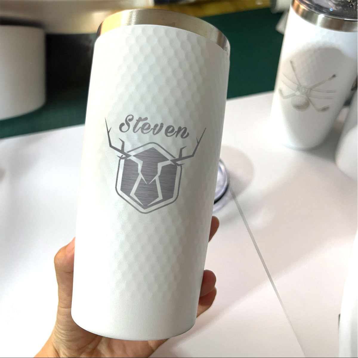 Personalized 20oz Golf Name Tumbler – Engraved Deer Antler Design and Custom Name White Stainless Steel Cup with Dimples, Gift for Him