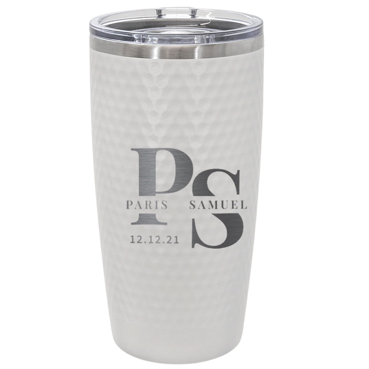 Personalized Couple Initials Golf Tumbler – Engraved Wedding Date and Names 20oz White Stainless Steel Cup with Dimples, Custom Gift for Him or Her