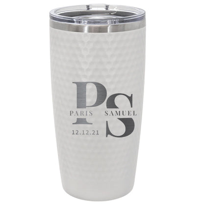Personalized Couple Initials Golf Tumbler – Engraved Wedding Date and Names 20oz White Stainless Steel Cup with Dimples, Custom Gift for Him or Her