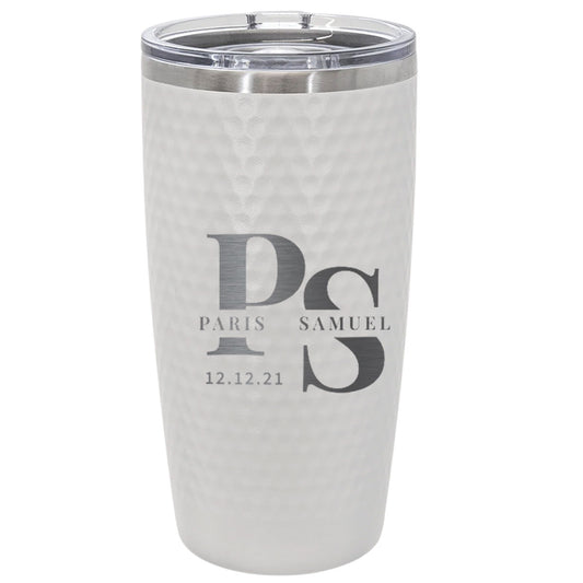 Personalized Couple Initials Golf Tumbler – Engraved Wedding Date and Names 20oz White Stainless Steel Cup with Dimples, Custom Gift for Him or Her