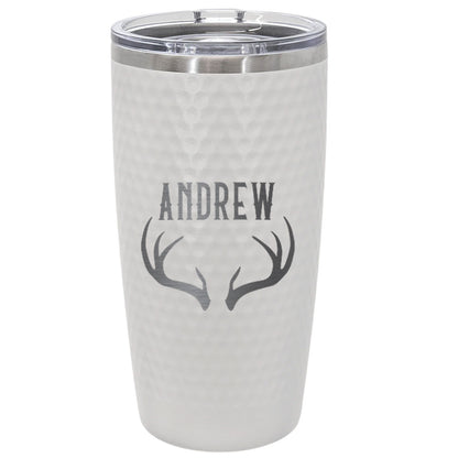 Personalized Antler Name Tumbler – Engraved 20oz White Stainless Steel Cup with Dimples, Custom Gift for Men, Hunters, Outdoorsy Dads
