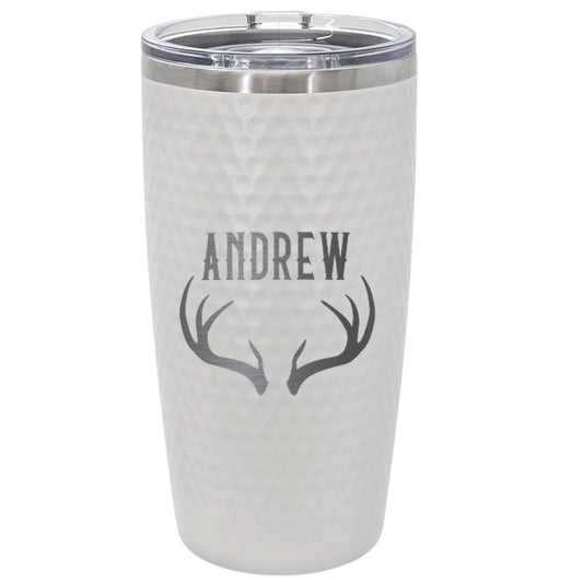 Personalized Antler Name Tumbler – Engraved 20oz White Stainless Steel Cup with Dimples, Custom Gift for Men, Hunters, Outdoorsy Dads