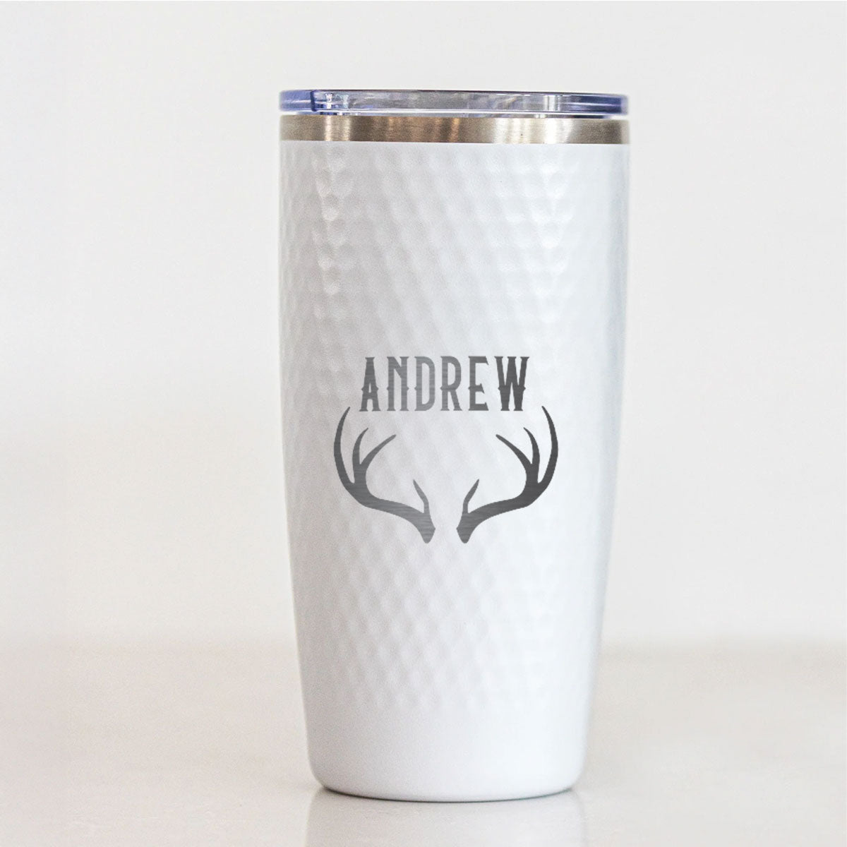 Personalized Antler Name Tumbler – Engraved 20oz White Stainless Steel Cup with Dimples, Custom Gift for Men, Hunters, Outdoorsy Dads