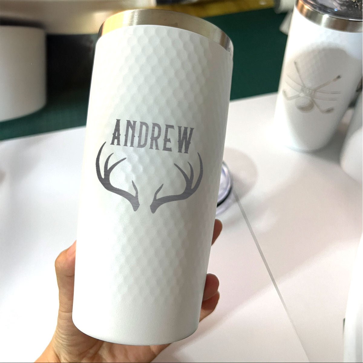 Personalized Antler Name Tumbler – Engraved 20oz White Stainless Steel Cup with Dimples, Custom Gift for Men, Hunters, Outdoorsy Dads