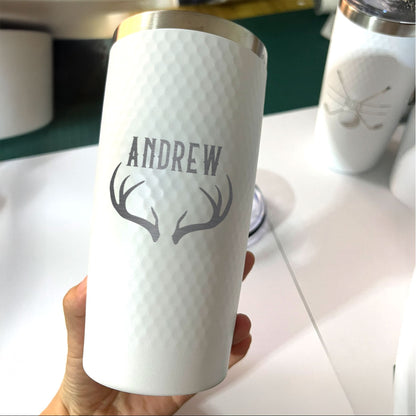 Personalized Antler Name Tumbler – Engraved 20oz White Stainless Steel Cup with Dimples, Custom Gift for Men, Hunters, Outdoorsy Dads