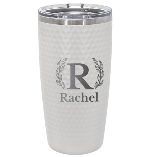 Personalized 20oz Monogram Name Tumbler with Laurel Design – Engraved Stainless Steel White Cup for Graduation, Retirement, or Everyday Gift