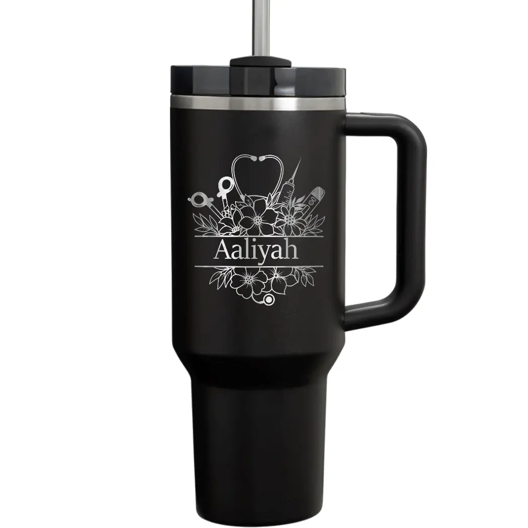 Personalize Floral Monogram Nurse Name Tumbler with Handle Straw
