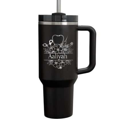 Personalize Floral Monogram Nurse Name Tumbler with Handle Straw