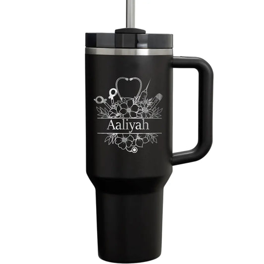 Personalize Floral Monogram Nurse Name Tumbler with Handle Straw