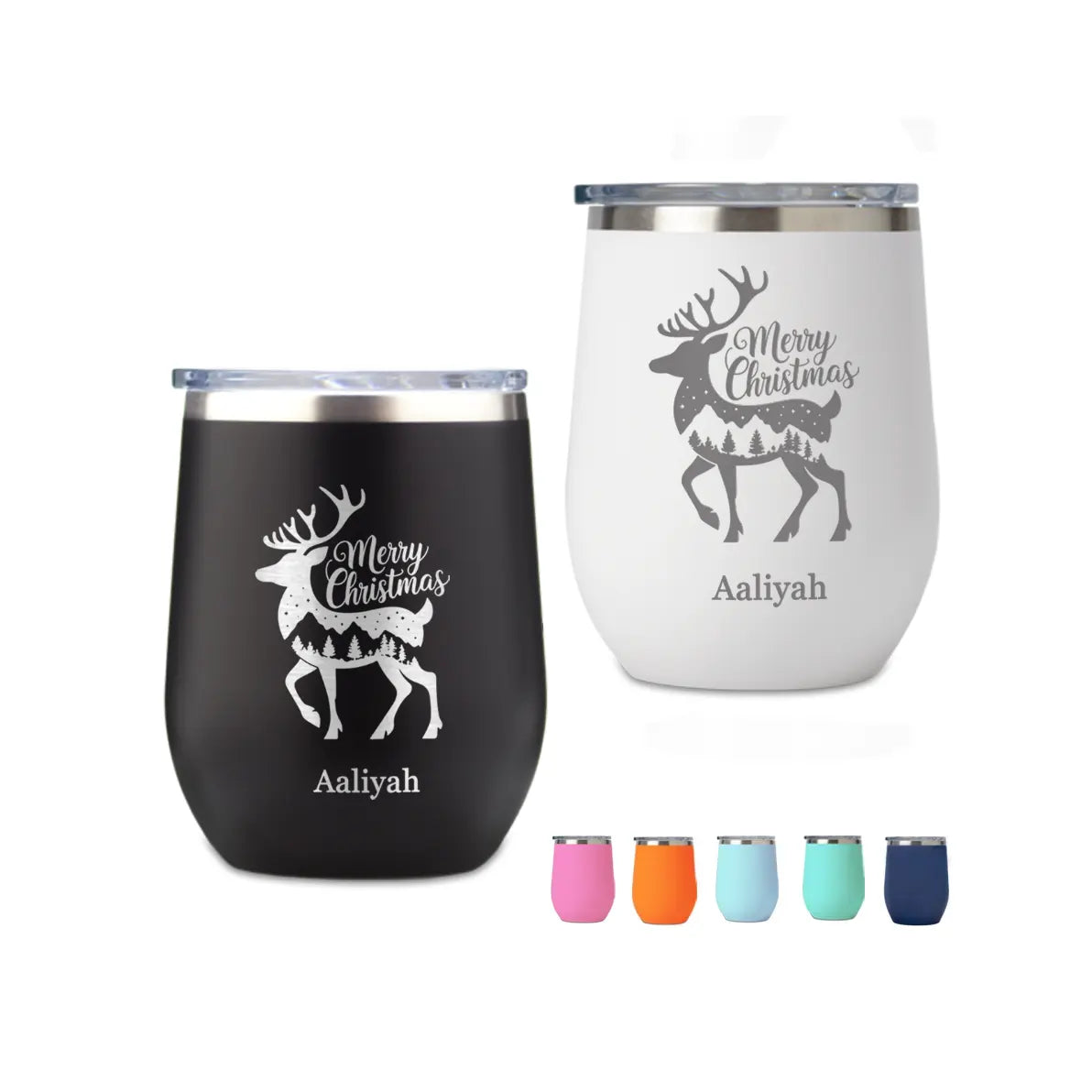 Personalize 12oz Merry Christmas Deer Wine Tumbler, Engraved Name Travel Mug