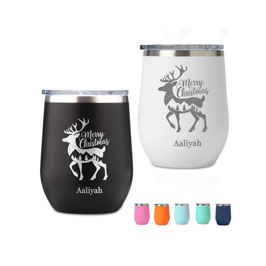 Personalize 12oz Merry Christmas Deer Wine Tumbler, Engraved Name Travel Mug