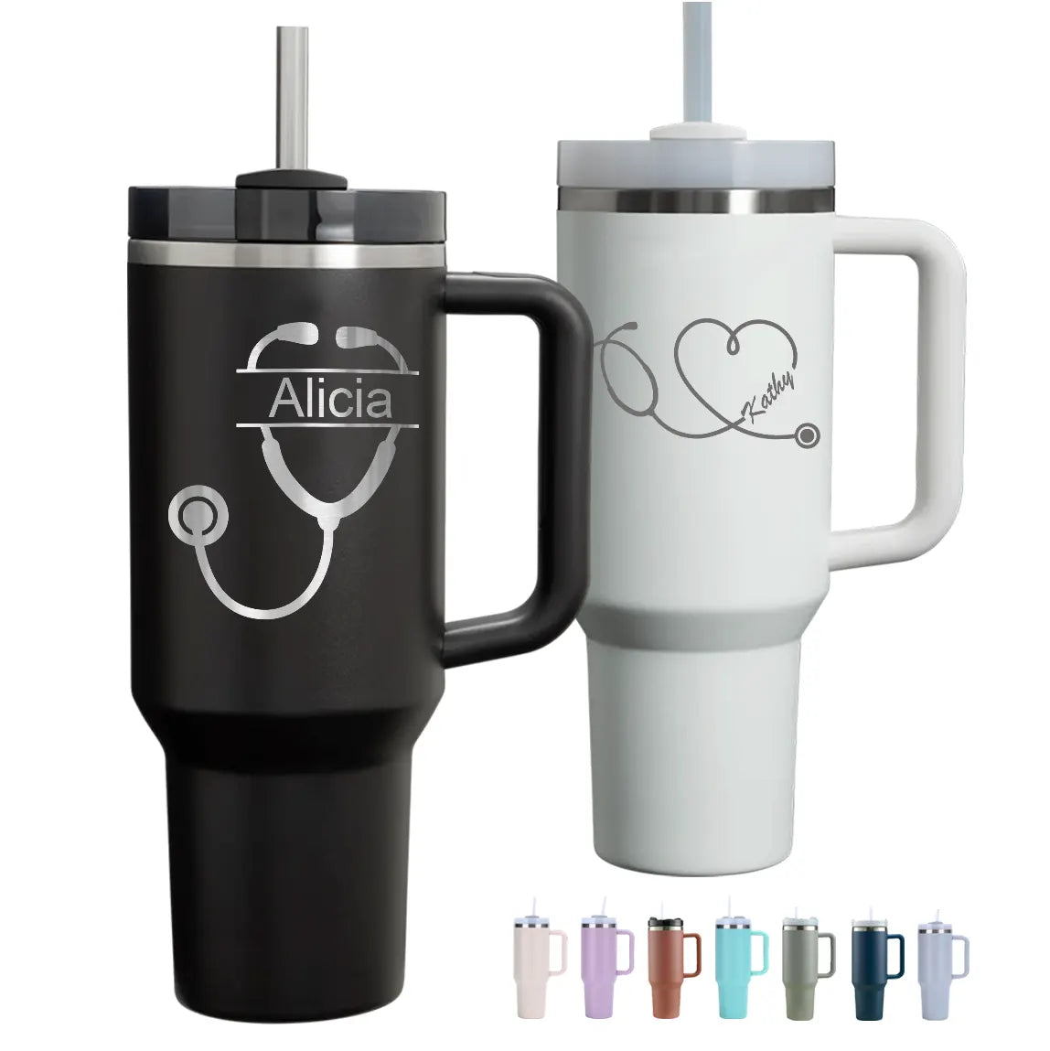 Personalized 40oz Nurse Stethoscope Name Engraved Tumbler with Handle Straw