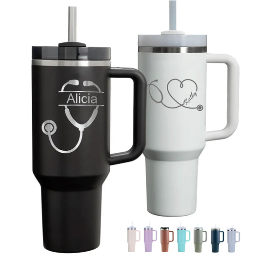 Personalized 40oz Nurse Stethoscope Name Engraved Tumbler with Handle Straw